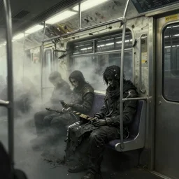 dark souls sitting in the bus concept art artwork by masanori warugai, intricate detailed 4 k, soft light, volumetric fog, soft glow, eerie, dark, metro, inside of a metro train, urban fantasy