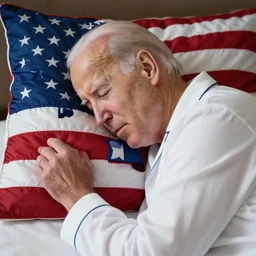 a photograph of joe biden laying his head down on an american-flag pillow, wearing white pajamas, closed-eyes, symetrical, hyper-realistic, detailed, 8K prompt