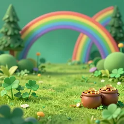 Irish style fairy tale cartoon background, 3d rendering, ray tracing, small details, plants, clover, pots of gold, rainbow, ambient light, photo realism