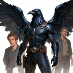 character art by wlop, steve henderson, and j scott campbell, gooseman, male hero, raven head, wings, 4 k, arstation, trending, high quality, very detailed, digital