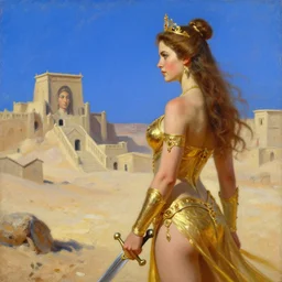 princess of mars looking at the cost of war, seen from the side, desert city, high noon, blue sky, detailed gold bikini armor, sword, portrait, oil painting, by sargent,