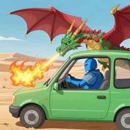 dragon spits fire on a blue knight in a green hatchback car, close up, anime, desert landscape, greg rutkowski, Murata, one punch man manga,
