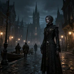style : bloodborne. composition : long shot, waist level ; low angle. key words : digital art ; detailed ; 4 k. scenery : a gothic harbor city. subject : fishermen are wandering around. details : at night ; lanterns in the streets.