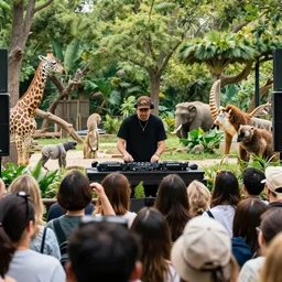 a dj performing to a crowd of zoo animals