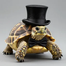 photo still of a tortoise wearing a top hat and bowtie, 8 k, studio lighting bright ambient lighting key light, 8 5 mm f 1. 8