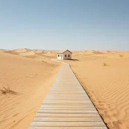 chrome path in the desert leads to a tiny house, tiny house in the distance, 8 k photography, detailed