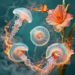 3 d close up swirly translucent nautilus jellyfishes phoenix bird and giant orchid flower and giant gladiola surrounded by smoke and water fire energy flow, highly detailed. octane render, excellent composition, by wlop, tooth wu, greg rutkowski, beeple. teal and orange