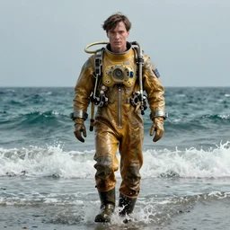 Cillian Murphy wearing a old dive suit, walking out the ocean, dramatic, realistic, 8k, 4k, unreal engine