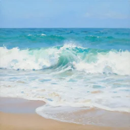 a painting of a wave crashing on a beach, broad strokes, white water, aquamarine, blue sky, masterpiece