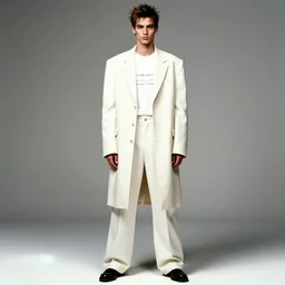 photo in the style of 2 0 0 0, street style, studio photography, stylish hairstyles, clothes in the style of 1 9 9 0, fashion photography, vogue, high detail, perfect face model, full length photo, fashion style clothes from maison margiela, off - white, forbiddenkn 0 wledge, knwls, photography style by photographer conor cunningham