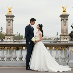 romantic wedding photo of a couple (a tall chinese man and a chinese woman) on Alexandre III bridge, photo, 4k