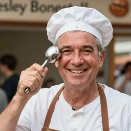 ice cream man holding a silver scoop up near his face, wearing a white soda jerk hat, smiling cheerfully, chesley bonestell, vincent di fate