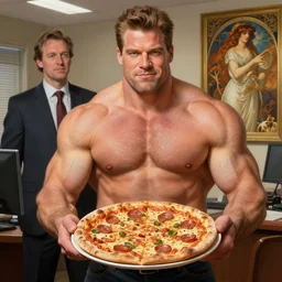 gigachad ron swanson bodybuilder holding a pizza in final fight office by ilya kuvshinov, ernest khalimov body by krista sudmalis, fantasy character portrait, ultra realistic, concept art, intricate details, elegent, digital painting, smooth, sharp focus, illustration, art by artgerm and greg rutkowski and alphonse mucha, artstation