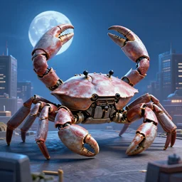 a giant mechanical crab in the middle of a city with blue moon shining in sky, engraving, artstation, concept art, smooth, sharp focus, vivid grunge, manga, illustration, unreal engine 5, 8 k, wide angle, by bilibin and kuvshinov and malevich and mucha, traditional japanese colors, superior quality