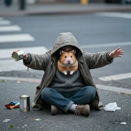 “ hamster dressed as a homeless person sitting at an intersection with arms stretched out holding a tin can, trash on ground, sad atmosphere ”