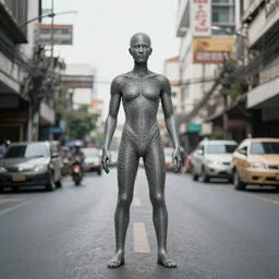 wire in human form stand alone in the street of bangkok, photo realistic