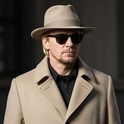 blonde Viktor Reznov portrait with a beige coat, beige fedora, and sunglasses, photorealistic, dramatic lighting