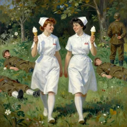 painting of two smiling nurses with ice cream cones in their hands walking through a field of injured soldiers by emile friant