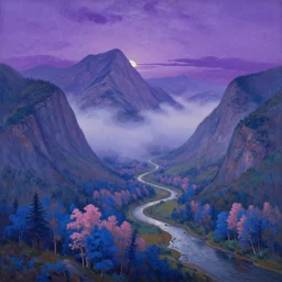 Panoramic painting where the mountains are towering over the valley below their peaks shrouded in mist. The moon is just peeking over the horizon and the purple sky is covered with stars and clouds. The river is winding its way through the valley and the trees are blue and pink, by Thomas Kincade