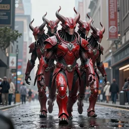 a masterpiece! full body photographic portrait of an alien beast wearing red armor!! with seven heads!! and ten horns!! walking on water on a city street, heroic, glorious, in the style of artgerm, gerald brom, atey ghailan and mike mignola, vibrant colors and hard shadows and strong rim light, plain background, comic cover art, trending on artstation