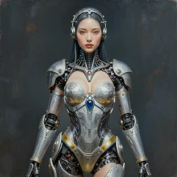 ultra realist soft painting of a single attractive gynoid female sillicon skin armored, curiosities carnival, symmetry accurate features, very intricate details, focus, curvy, artstyle Hiraku Tanaka and Tom Bagshaw, award winning