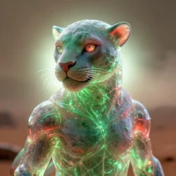 closeup portrait of a living goo on a ( ( transparentcyborg leshy panther with glowing veins ) ), on mars, cinematic light, looking to the side off camera, backlight glow, green bright red, mist, by mikhail vrubel, by philippe druillet, by peter elson, by gerald brom, muted colors, extreme detail, trending on artstation, 8 k