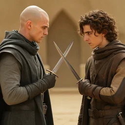 a dagger-fight bald_ominous_brooding_Austin_Butler_as_Feyd-Rautha_Harkonnen versus Timothee_Chalamet_as_Paul_Atreides, in an arena fight-pit in movie Dune-2021, golden ratio, clear gaze, detailed eyes, detailed faces