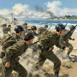 soldiers storming the beaches of normandy on d - day, highly detailed, digital painting, concept art, sharp focus, by makoto shinkai