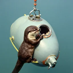 an otter repairing a bathysphere, vintage photograph