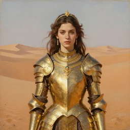 young dejah thoris on mars wearing detailed plate armor made of gold, portrait, high noon, gold jewelry, elegant small tiara, giant sand dunes to the horizon, fantasy, painterly, oil painting on canvas, by sargent, alphonse mucha, arthur henri, lane brown