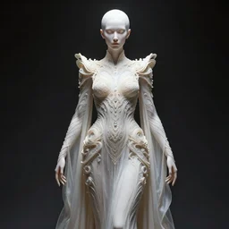 alone with herself wonderful symmetrical woman albino goddess with a wonderful face with a beautiful porcelain symmetrical body dressed with a majestic semi transparent cream long cotton dress, hightly ornate, intricate, detailed, dramatic light, award winning, octane render, tom bagshaw style