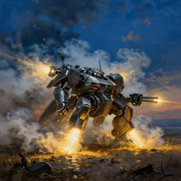 an armored core v by kashin, wadim, booster flares, legs, laser rifles, heavy mist, very smoky, dark blue sky, cloud, wilderness ground, golden time, twilight ; wide shot, oil painting, dynamic contrast, dynamic backlighting, sharp edge, motion blur