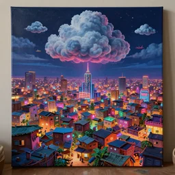 stylish - caricature - environment concept - art of a neon lit ajegunle slum in nigeria, night, puffy clouds, photographed by vivian maier, unreal engine 3 d vfx render, digital illustration by mike winkelmann, intricate detail, sharp, volumetric light, ray tracing, soft light, colourful, claymation, acrylic on canvas, cinestill, rule of thirds,