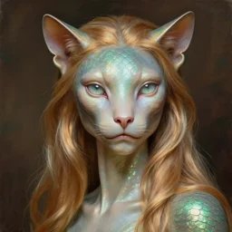 detailed portrait in femininity, regal alien, feline, realistic face sculpted features, reflective clear eyes, statuesque model, opalescent skin, silky hair, warm glow, subsurface scattering, bathed in light, chiaroscuro, shimmering scales, biomorphic, organic impressionism, dappled backdrop, burnt sienna and emerald color palette, painterly