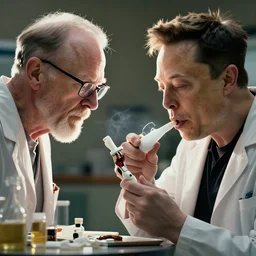 Walter white making meth while Elon musk is tastes it. 8k ultra realistic, award winning, unreal engine 5, masterpiece, atmosphere glow, hyperrealistic, focused, extreme details, cinematic