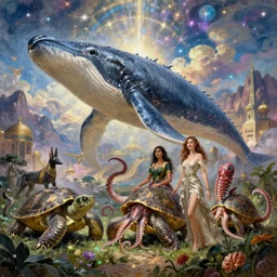 fantasy fairytale portrait, hybrid great leviathan, cybernetic turtle, cephalopod terrapin, reptilian pachyderm, raptor squid, symbiotic bella hadid, milla jovovich, anubis epic fantasy islamic city, natural light, lush plants and flowers, spectacular mountains, bright clouds, luminous stellar sky, outer worlds, william - adolphe bouguereau, michael cheval, oil painting, michael whelan, hd,