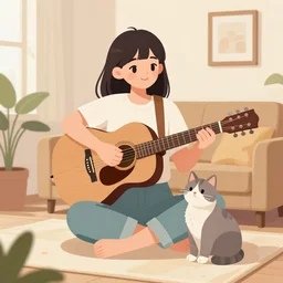 editorial illustration portrait of living room a girl paly guitar beside cat