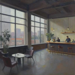 feng zhu drawing of loft lounge with tall windows, few people, city in background, bar counter with bartender and few chairs nearby, sparse plants, dim painterly lighting volumetric aquatics, impasto