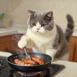 beautiful impressionist painting of a british - shorthair kitten cooking some sausages on a pan