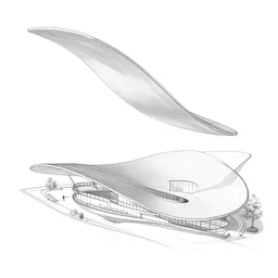 sculptural curved roof planes lift and descend creating shade and architectural expression, 3 d axonometric drawing
