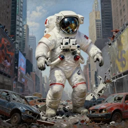 american white spacesuit chubby astronaut in giant postapocalyptic abandoned destroyed times square, wrecked buildings, destroyed flipped wrecked cars, by rembrandt oil painting style!!!