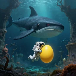 An astronaut is under the sea, he has a big bright yellow egg, he is swimming away from the giant leviathan that is behind hunting him, the leavithan has bright red eyes, this is an extravagant planet with wacky wildlife and some mythical animals, the background is full of ancient ruins, the ambient is dark with a terrifying atmosphere, by Jordan Grimmer digital art, trending on Artstation,