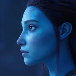 Close-up side profile portrait of an attractive woman with an aquiline nose and a strong jawline, and blue bioluminescent translucent blue skin. Weta Digital. Animal Logic. Industrial Light & Magic.