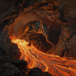 chimera on the flowing lava in a cave. painting by asher brown durand, moebius