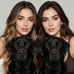 a close up of beautiful Estefania Villegas next to her labrador black dog , symmetrical, 8K, octane render, 8K,