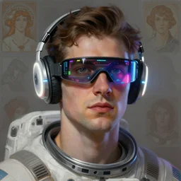 future coder man looking on, sleek cyclops visor display over eyes and sleek bright headphoneset, neon accent lights, holographic colors, desaturated headshot portrait digital painting by dean cornwall, rhads, john berkey, tom whalen, alex grey, alphonse mucha, donoto giancola, astronaut cyberpunk electric