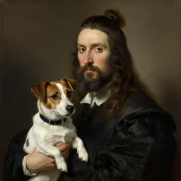 a beautiful painting dramatic portrait of a man with long hair tied in a bun and black beard holding a jack russell by rembrandt, featured on artstation