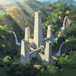 ancient city with tall marble buildings in an evergreen valley, several waterfalls, landscape, global illumination, morning light, radiant light, bird's eye view, by makoto shinkai and lois van baarle, ilya kuvshinov, rossdraws, tom bagshaw