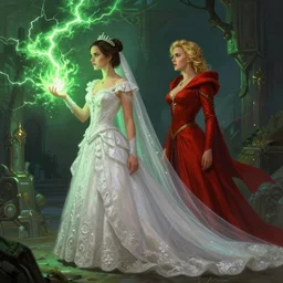a beautiful and detailed matte painting of a lesbian wedding between emma watson as an evil pyromancer and scarlett johansson as a red mage, in the style of magic the gathering, sci fi and fantasy, viewed in profile from far away, crackling green lightning, ultrawide lens, art by artgerm and greg rutkowski and alphonse mucha, volumetric lighting, octane render, 4 k resolution, trending on artstation, masterpiece