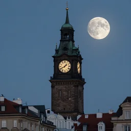 highly detailed photograph of a dark clock tower under a full moon in a european city, 8 k, moody